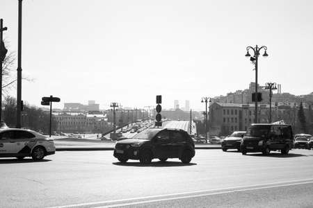 Black and white photography. Panoramic view of Moscow street with vehicles. 03.24. 2022 Moscow, Russia.のeditorial素材