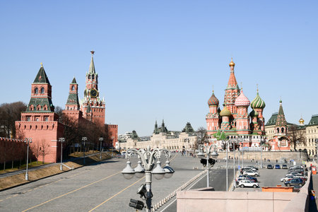 Panoramic view of Red Square, Spasskaya Tower with chimes. St Basil's Church. 03.24. 2022 Moscow, Russia.のeditorial素材
