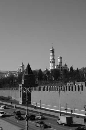black and white photography. Panoramic view of the Kremlin wall and cathedrals on the territory of the Moscow Kremlin. 03.24. 2022 Moscow, Russia.のeditorial素材