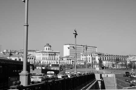 black and white photography. Panoramic view of the Big stone bridge and Pashkov's house-palace. 03.24. 2022 Moscow, Russia.のeditorial素材