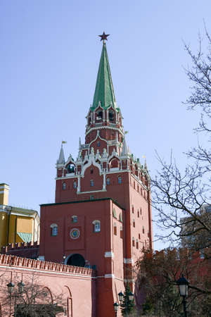 View of the Troitskaya Tower of the Moscow Kremlin. View of the tower against the blue sky. 03.24. 2022 Moscow, Russia.のeditorial素材