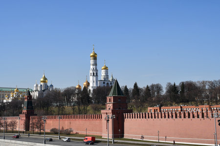 Panoramic view of the wall of the Moscow Kremlin and cathedrals on the territory of the Kremlin.のeditorial素材