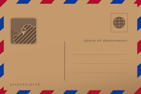 Retro postcard with paper texture. Vector illustration of an envelope, with pin place on the map. Vintage design letter.のイラスト素材