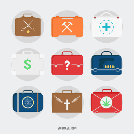 Flat briefcases and suitcases icons on white background. Vector specialty illustration: doctor, barber, murderer, drug dealer, builder, worker, preacher, jobless.のイラスト素材