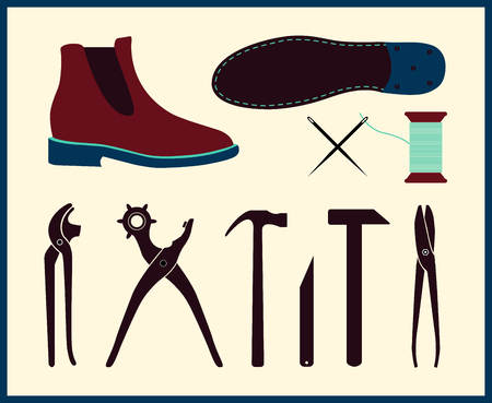 Vector shoe repair illustration. Set of shoemaker tools. Chelsea Boot in flat style. Tools shoe repair can be used as a workshop signboard.のイラスト素材