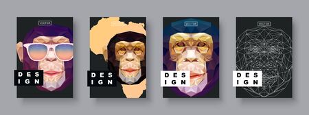 Monkey abstract covers set. Card monkey template. Future Poster template. Polygonal halftone. Monkey face silhouette.のイラスト素材