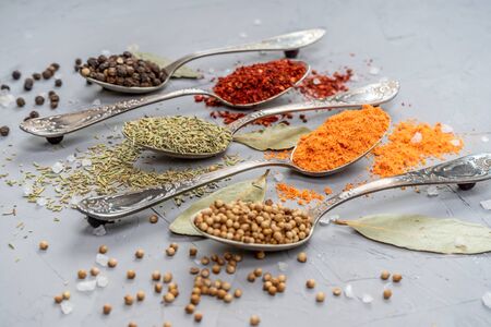 various spices in metal silver spoons with large crystals saltの写真素材