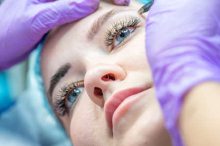Microblading Eyebrow Tattoo, Permanent Makeup, Using Special Needle, Injectsの写真素材