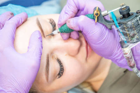 Microblading Eyebrow Tattoo, Permanent Makeup, Using Special Needle, Injectsの写真素材