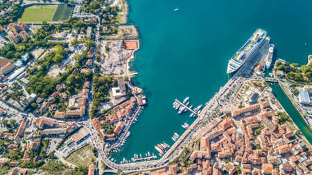Flying above the old town of Kotor in Montenegro in the Bay of Kotor.の写真素材