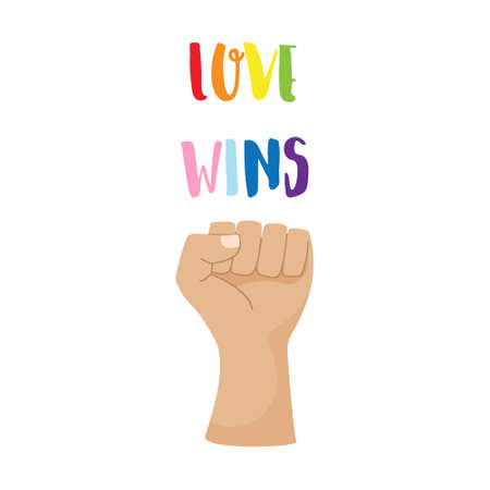 A postcard, a poster with colorful words Love will win. LGBT rainbow colors. Pride month concept. Clenched fist, hand. A symbol of pride and solidarity. Vector illustration isolated on white.のイラスト素材