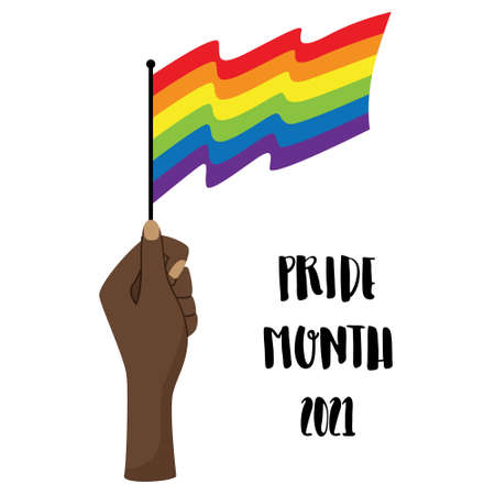 Vertical poster of LGBT Pride month. A raised hand holds a waving LGBT flag. A symbol of tolerance, solidarity, fighting for equality. Vector illustration isolated on a white backgroundのイラスト素材