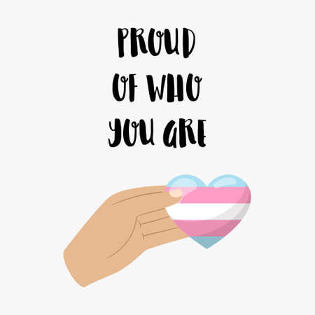 Vertical poster of LGBT Pride month. A hand holds a heart in the colors of the transgender flag. A symbol of tolerance, solidarity, peace, equality. Vector illustration isolated on a white backgroundのイラスト素材