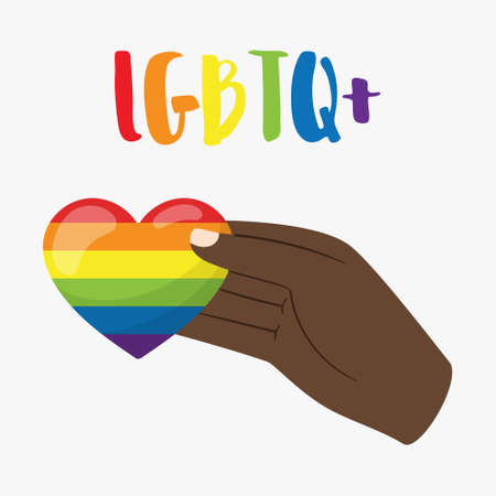 Vertical poster of LGBT Pride month. A hand holds a heart in the colors of the LGBT flag. A symbol of tolerance, solidarity, peace, equality. Vector illustration isolated on a white backgroundのイラスト素材