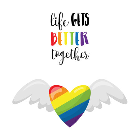 A sticker with the words Life gets better together. A heart in the colors of the LGBT rainbow flies on wings. A symbol of love. Motivational poster. Pride Month. Vector illustration isolated on whiteのイラスト素材