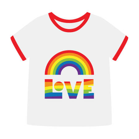 T-shirt with LGBT rainbow and the word Love. Rainbow colors. LGBTQ Pride Month. Sticker, decorative element isolated on a white background. Vector illustrationのイラスト素材
