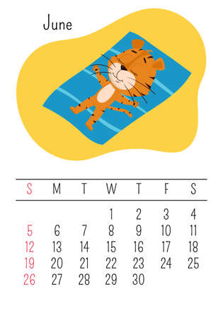 Vertical Wall calendar page template for June 2022 with a cartoon Chinese year symbol. The week starts on Sunday. Tiger sunbathes on the mat.のイラスト素材