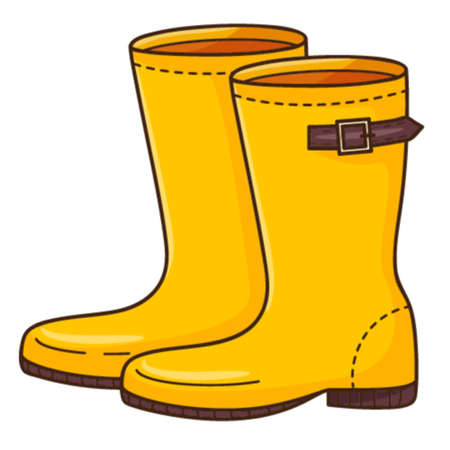Yellow rubber boots with a strap. Footwear .. Design element with outline. The theme of winter, autumn. Doodle, hand-drawn. Flat design. Color vector illustration. Isolated on a white backgroundのイラスト素材