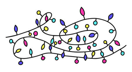 Garland with bulbs, drawn by hand. Color vector illustration. The item is drawn by hand. Element for New Year and Christmas design. Wound garland with colorful lightsのイラスト素材