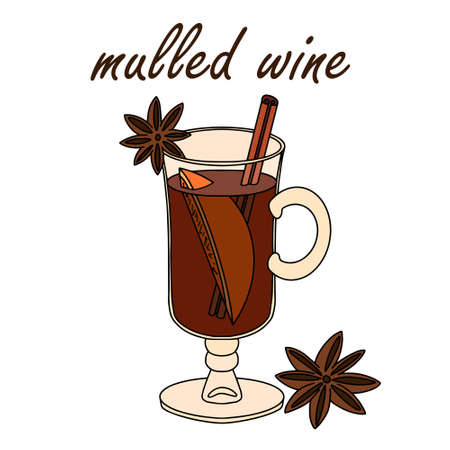 Color vector illustration. Mulled wine in a glass. Hot wine alcoholic drink. Winter beverage. Object is hand-drawn and isolated on a white background.のイラスト素材