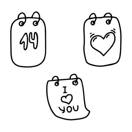 Vector illustration. A hand-drawn calender leaf with a date of February 14 and a heart. Doodle style. Black and white contour design element for Valentine's Day. The object is isolated on a white background.のイラスト素材