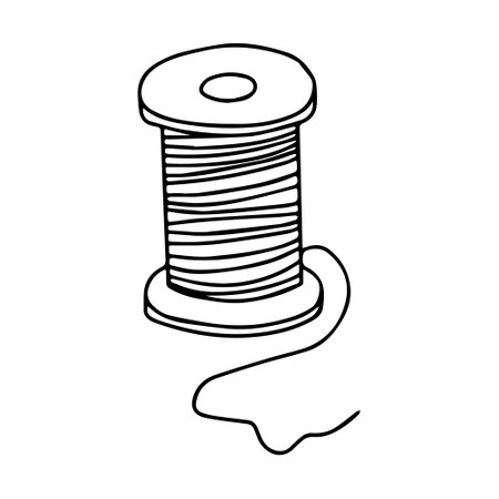 Spool of thread for needlework and sewing. Black and white vector illustration isolated on a white background. Hand-drawn doodle style element. threads on a wooden spool.のイラスト素材