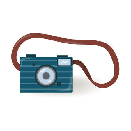 Camera on a leather strap in a flat style. Small camera with flash, dark blue, isolated on a white...
