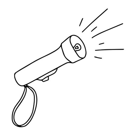 Battery powered flashlight. Camping equipment. Turned on lamp. Black and white vector illustration. Drawn by hand, isolated on a white backgroundのイラスト素材