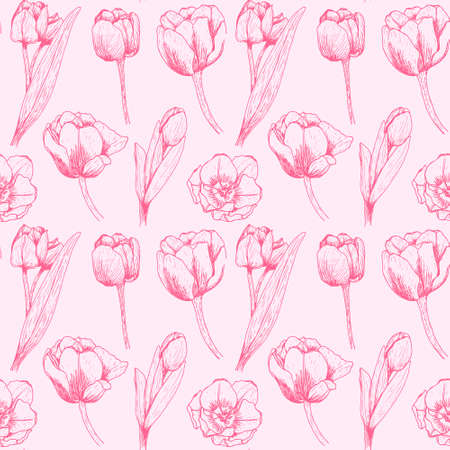 Sweet mood of hand drawn sketch tulip flowers silhouette and hand line seamless pattern vector design for fashion, fabric, wallpaper and all prints on light pink background colorのイラスト素材