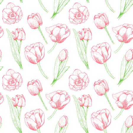 Seamless floral pattern with red tulips. Bright flowers with leaves on a white background. Bright juicy pattern for textiles and print. Color vector illustration with hand-drawn doodle elementsのイラスト素材