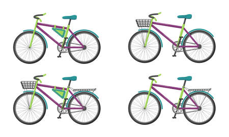 Set of bicycles with different elements. Flat style. An eco friendly vehicle for walking,...