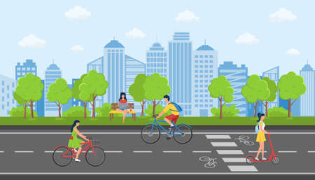 People relax in the Park against the bg of city buildings.A young girl and a man ride a Bicycle and scooter.The girl work with a laptop.Concept of activity in city public Park.Summer day.Flat vectorのイラスト素材