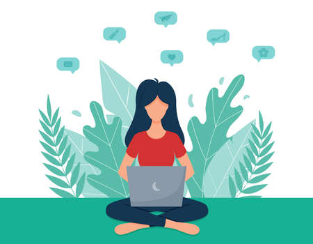 A female freelancer with dark hair sits cross-legged on a Park bench and works with a laptop. Background with leaves.Working in an outdoor Park.Vector. Flat style.のイラスト素材
