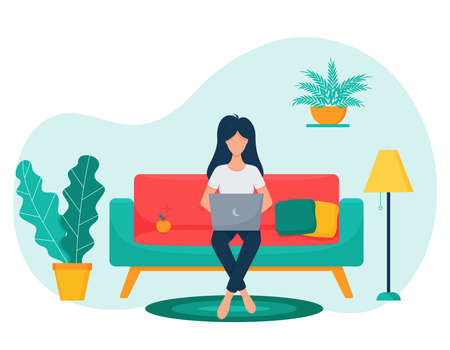A female freelancer with dark hair sits cross-legged on the sofa and works with a laptop. The concept of remote work, study at home. Living room. Work from home. Vector illustration. Flat style.のイラスト素材