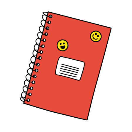 Closed school notebook on a spiral in Doodle style. Stationery for pupils and students. Design element for products for school, study, and Hobbies. Color vector. Hand drawn, isolated on whiteのイラスト素材