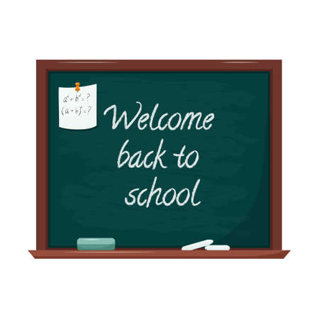 Blackboard with lettering Back to school. There are chalk marks on the Board. A sheet of notes is attached with a button. Copy space, a place for text. Vector illustration in flat styleのイラスト素材