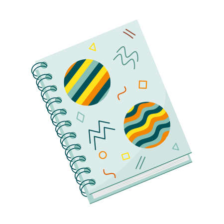 .Closed spiral notebook for notes. Flat style. Cover with abstract shapes. Stationery for writing and drawing. Color vector illustration. Element isolated on a white background.のイラスト素材