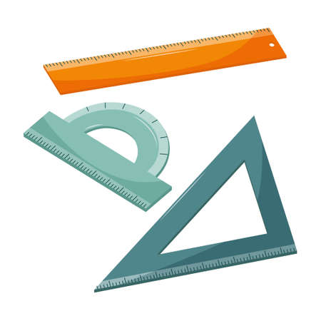 A set of school lines. Ruler, corner, and protractor. Office supplies for drawing work. School supplies. Color vector illustration. Flat style. Hand - drawn isolated on a white background.のイラスト素材