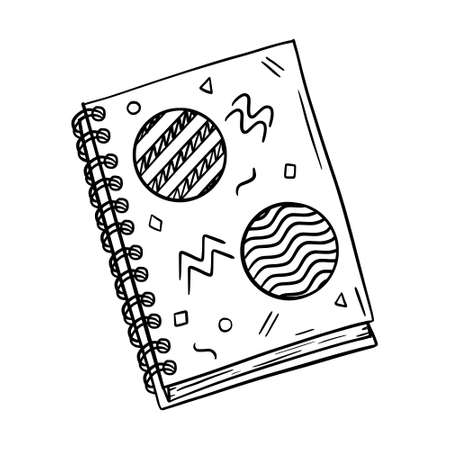 Sketch of a closed Notepad on a spiral for notes. Cover with abstract shapes. Stationery for writing and drawing. A design element for schools and Hobbies. Black-white vector. hand drawn, isolated.のイラスト素材
