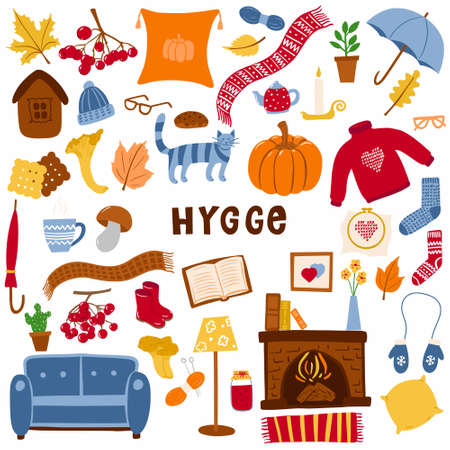 A set of elements on the theme of Hygge, autumn and a cozy home. A collection of hand-drawn design items isolated on a white background. Color vector illustrationのイラスト素材