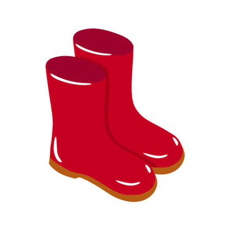 Red rubber boots. Shoes for rainy Autumn weather. Hygge, a cozy home, comfort. Hand drawn and isolated on a white background. Color vector illustration. Doodle style.のイラスト素材