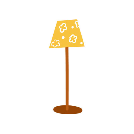 Floor lamp with a flower shade. Lighting device for the house.A simple, cute hand-drawn drawing. Hygge, a cozy home, comfort environment. Isolated on white. Color vector illustration.Doodle styleのイラスト素材
