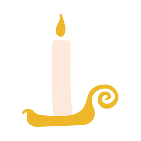 A wax candle in a Doodle-style candlestick. A simple, cute hand-drawn drawing. Hygge, a cozy home, comfort environment. Isolated on a white background. Color vector illustrationのイラスト素材
