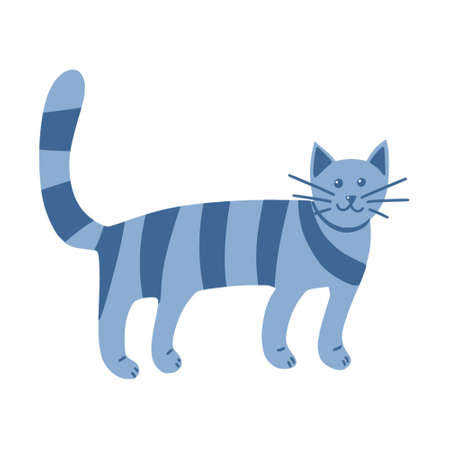 Strange striped cat in Doodle style. The pet stands on all fours. Animal. A simple, cute hand-drawn drawing. Isolated on a white background. Color vector illustrationのイラスト素材