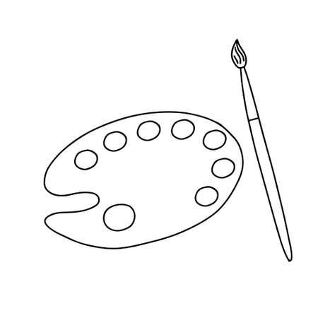 Palette with colors and brush in Doodle style. A symbol of art, a design element on the theme of drawing, art, or Hobbies. Hand drawn and isolated on white. Black and white vector illustrationのイラスト素材