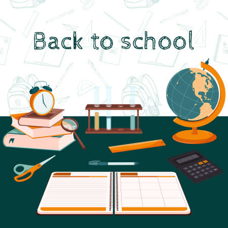 A set of design elements on the theme Back to school, online education. Concept. Flat style. Square shape. The background is a pattern of Doodle elements. Color vector illustration.のイラスト素材