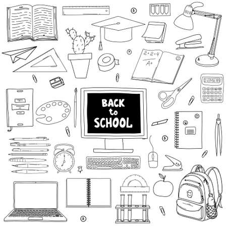 A set of design elements on the theme Back to school, online education. Collection of stationery and school supplies in Doodle style. Hand drawn and isolated on white. Black-white vector illustration.のイラスト素材