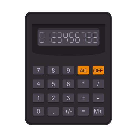 Accounting calculator in flat style. Electronic equipment for calculation, accounting, mathematics. School calculator in flat style. Isolated on a white background. Color vector illustrationのイラスト素材