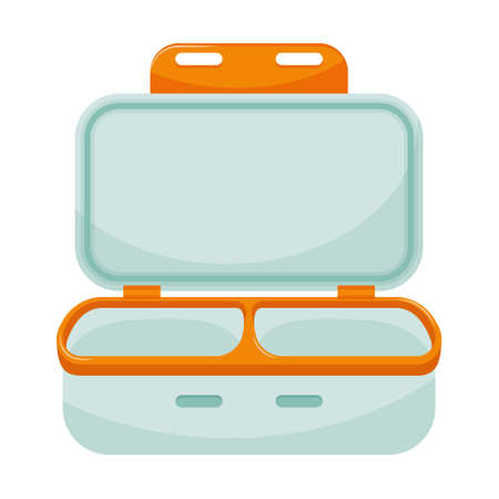 Empty open lunch box with two departments. Dishes for takeaway, lunch at school or at work. Kitchen container with lid. Color vector illustration in flat style. Isolated on a white background.のイラスト素材