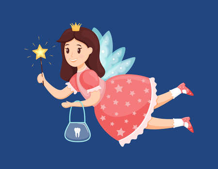 The tooth fairy flies and holds a magic wand and a purse for teeth. Cute little girl Princess is smiling. Cartoon character. Picture for kids. Children's vector illustration on a dark backgroundのイラスト素材